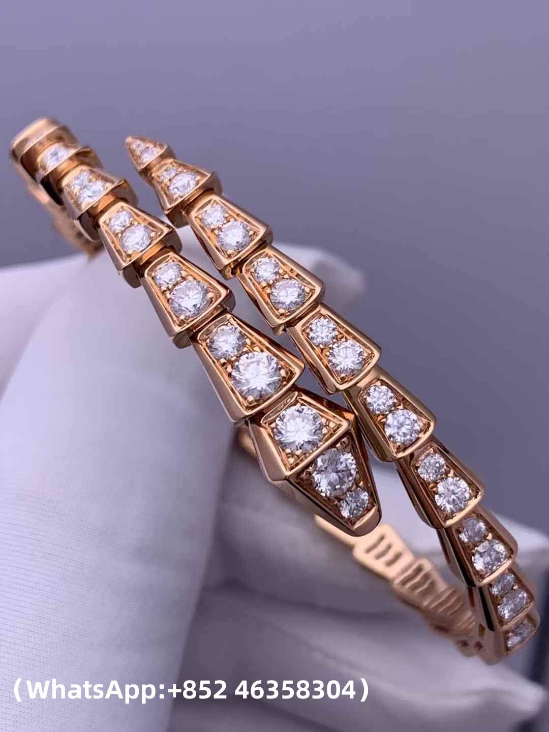 Custom Bvlgari Jewelry Serpenti Viper One-Coil Bracelet Set with Full Pavé Diamonds Solid 18k Rose Gold