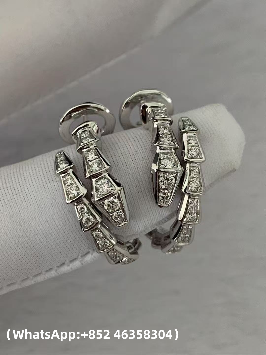 Custom Bvlgari Jewelry Serpenti Viper Hoop Earrings Set with Full Pavé Diamonds Solid 18k White Gold
